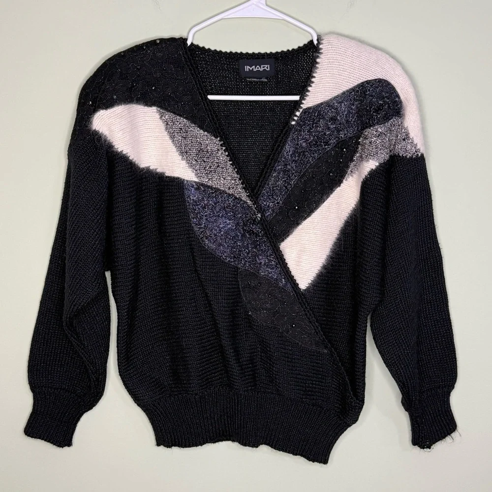 Vintage Imari crossover knit angora iridescent beaded shoulder pads black white